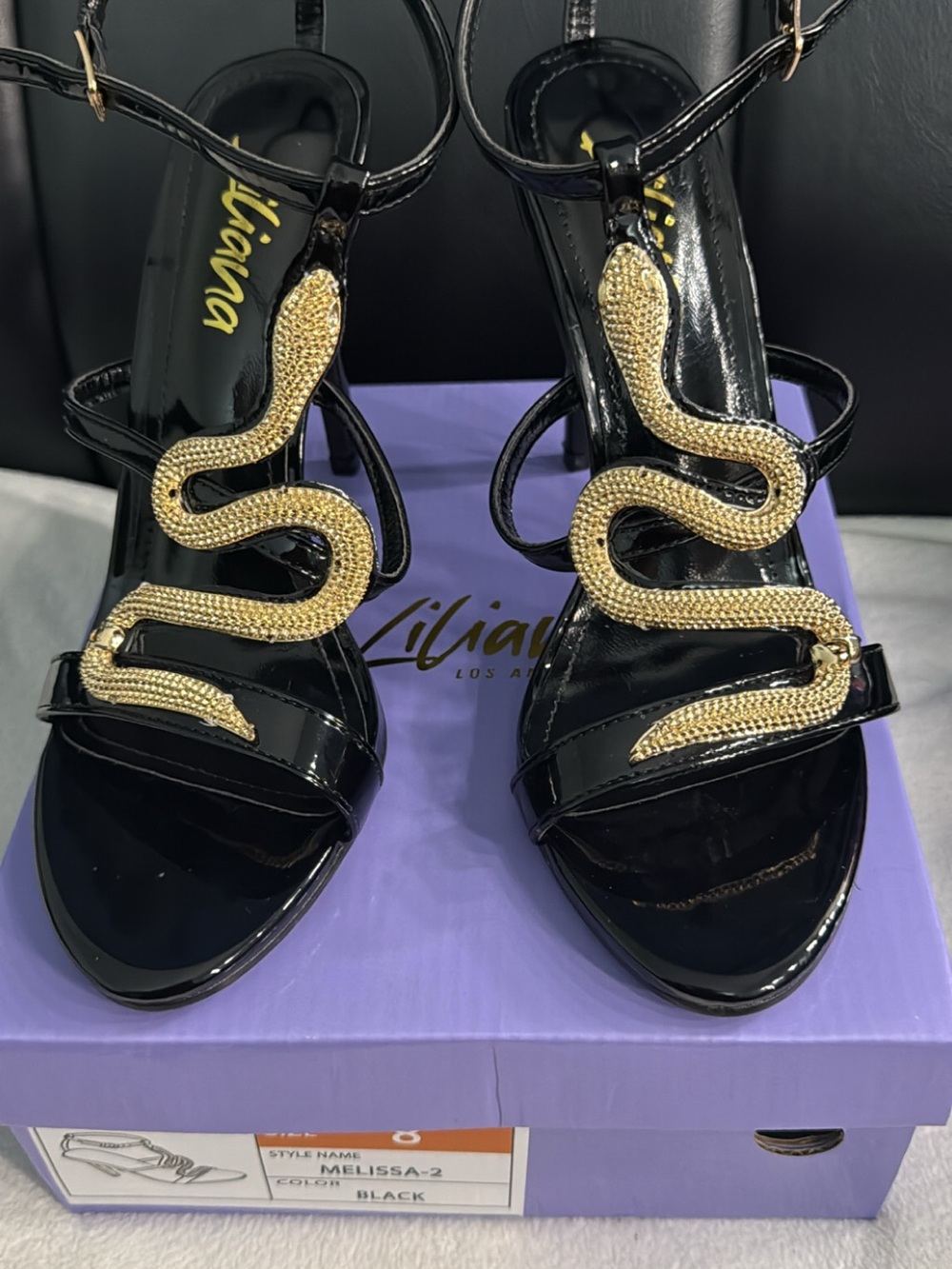 Liliana Black Patent Heels with Gold Snake Detail